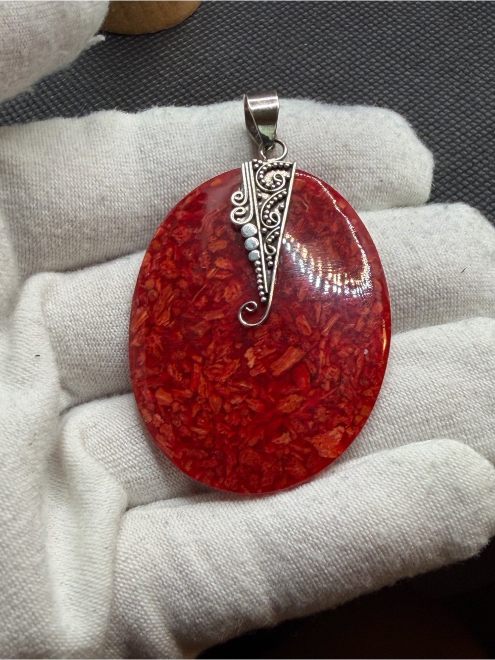 Red Sea Coral Oval Pendant with Sterling Silver Accent